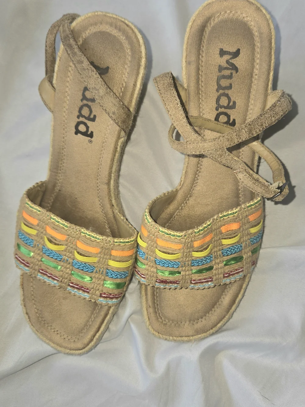 Mudd Y2k Women's Tan Sandals with Multicolor Woven Straps Size 7.5 Ankle Strap